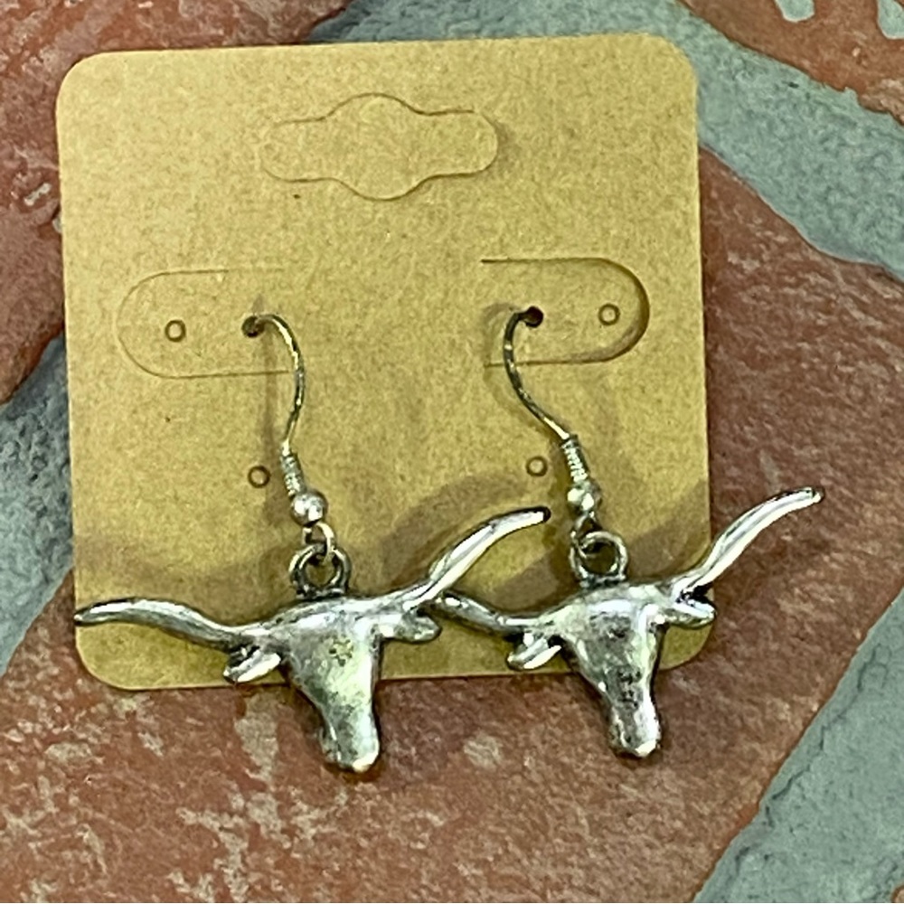 Fashion Silver Toned Texas Longhorns Dangle Earrings Hook Backs